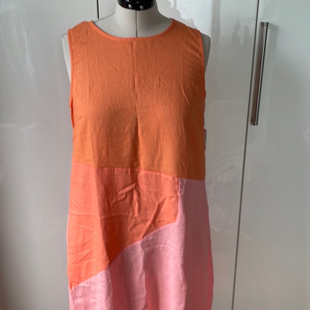 For Cynthia Midi Sleeveless Abstract Linen Blend Dress in Orange/Pink Large NWT